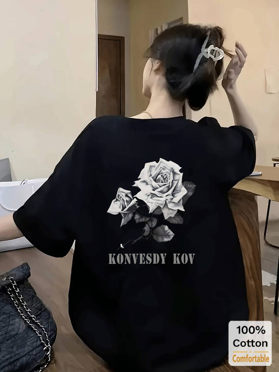 玫瑰印花短袖中长款T恤,时尚休闲女式上衣,黑色夏季款 - 黑色 - 查看 1