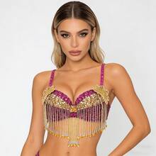 1pc Women's Glitter Belly Dance Fringe Bra Top, Suitable For Halloween Theme Party Stage Performance (36/80B Cup)