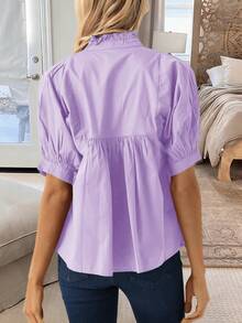 Women's Puff Sleeve V Neck Babydoll Blouse Pleated Peplum Hem Dressy Casual Loose Fit Shirt - 淺紫色 - 查看 2