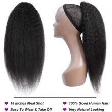 BINF Long Kinky Yaki Straight Ponytail Extension Human Hair With Wrap Around Magic Tape Brazilian Hair Clip In Extensions Kinky Straight Wrap Around Human Hair Ponytail For Women Yaki Kinky Straight Human Hair Wrap Around Ponytail Hair Piece With Clips - KinkyStraight Wrap Around Ponytail - 查看 8