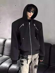 Black Short Zipper Cardigan Sweatshirt Men's Autumn And Winter Clothing High-End Hooded Jacket Jacket For Teenagers - 黑色 - 查看 1