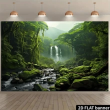 2D Flat Elegant Natural Landscape Background, Evergreen Forest, Jungle, Rocks, Flowing Stream, Rainforest Photography Backdrop, Birthday Party Event Photo Booth Studio Props, Party Supplies - Green - View 9