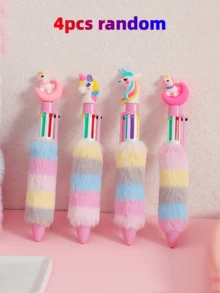 4pcs Cartoon Unicorn Plush Ballpoint Pen, Cute Faux Plush Six Color Plastic Ballpoint Pen, Multicolor Writing Office Supplies, Suitable As Children's Festival Gift (Random Style) - Multicolor - View 10