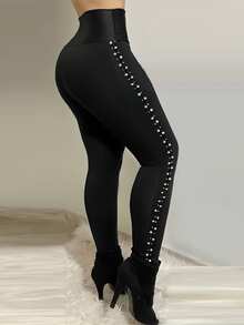 Women's High Waist Faux Leather Skinny Pants, With Side Rivet Decor, Front Zipper Design Black Spring - Black - View 2