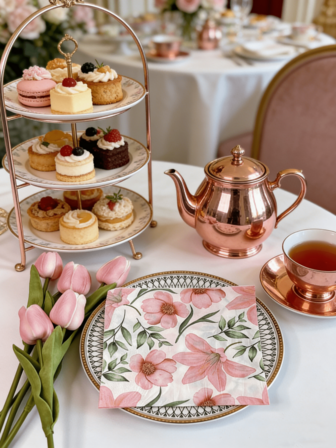 Spring Lily Flower Printed Colorful Party Napkins, Adorned With Lovely Pink Floral Patterns And Vibrant Green Leaves, The Exquisite And Realistic Floral Prints Add A Touch Of Natural Beauty And Freshness To Your Dining Experience, Making Every Meal A Special Occasion. They Are Suitable For Various Events Such As Birthday Parties, Bridal Showers, Etc.