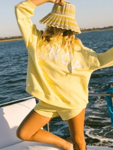 Women Casual Stylish Two Pieces Outfits Shorts Set Fancy Letter Embroidered Long Sleeve Mock Neck Oversized Sweatshirt Pullover Top And Shorts Sweat Set Spring Fall Sweatsuit Tracksuit Loungewear - 黃色 - 查看 3