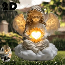 2D平面，1个永恒之光天使花园摆件 - 无需电源，发光心形墓地装饰，适用于婚礼、复活节、圣诞节、情人节等室内外墓碑 - 天使手捧向日葵设计（米色/白色/象牙色/黑色） - 庭院纪念装饰、纪念品、家居装饰、多用途节日装饰、现代波西米亚风格、耐用塑料、2D平面 - 彩色 - 查看 3