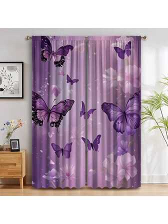 2片紫色蝴蝶图案窗帘 - 杆袋式窗帘，饰有花卉和星星图案，适用于卧室、办公室、厨房、客厅、书房装饰，客厅窗帘