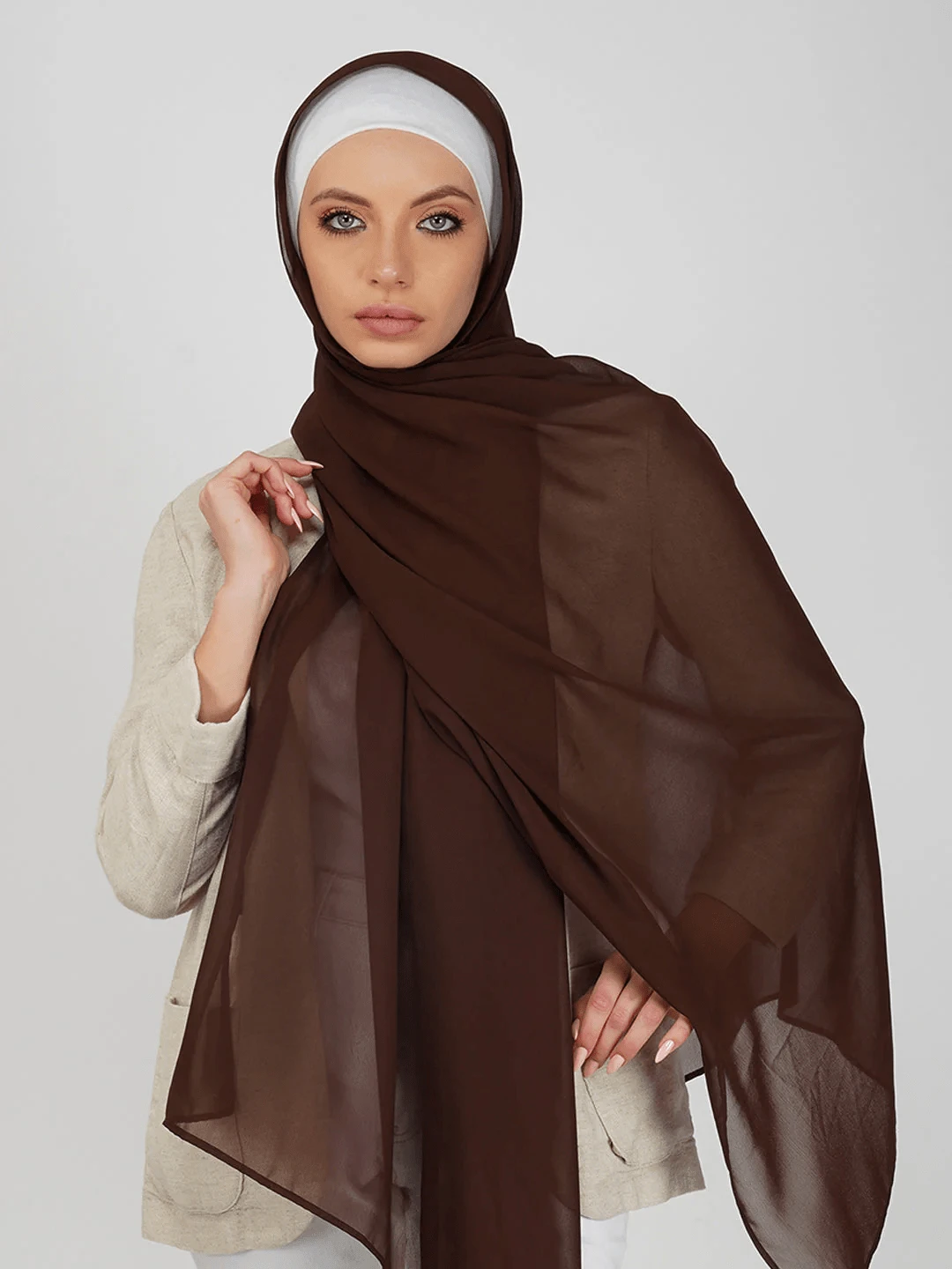 1条纯色女士围巾，雪纺头巾，适合日常休闲穿着 - 咖啡色 - 查看 1