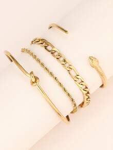 Stainless Steel Multi-Style Bracelet Set, Including Rope Knot, Cuban Link, Snake Chain And More, Vintage Texture Details, Layered Wear, Mix & Match, Non-Fading, Niche Women Accessories - Bracelet Set - View 5