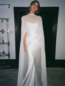 Women Sheer Long Cape Tops - White - View 2