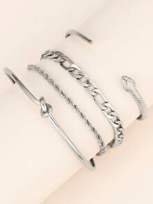 Stainless Steel Multi-Style Bracelet Set, Including Rope Knot, Cuban Link, Snake Chain And More, Vintage Texture Details, Layered Wear, Mix & Match, Non-Fading, Niche Women Accessories - Bracelet Set - View 4
