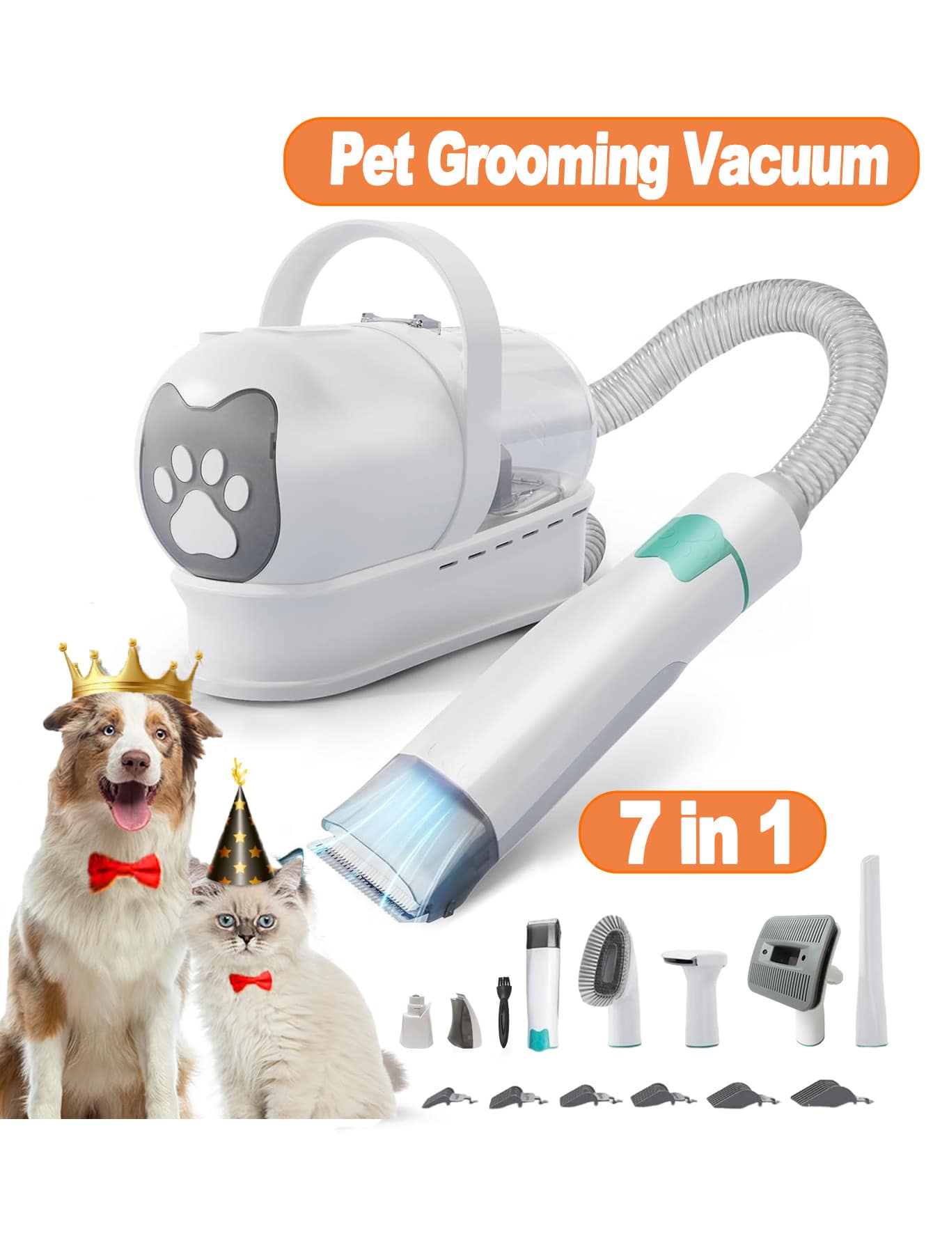 7合1宠物美容吸尘器套装，包含狗狗美容剪毛器、宠物毛发去除器，强劲吸力，低噪音，1升集尘杯