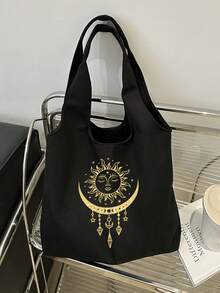 大容量星月印花手提包套装，可单肩背或手提。星月流苏图案黑色帆布单肩包兼化妆包，节日主题旅行收纳包，节日礼物，情人节礼物，多功能手提包 - 彩色 - 查看 5