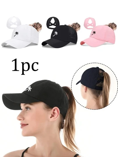 1 Coconut Tree Embroidered Baseball Cap With Three Colors To Choose From,Breathable Unisex Baseball Cap With Ponytail Hole - Quick-Dry Mesh Sports Hat, Adjustable Strap/Snapback, Lightweight Uv Sun Hat With Wide Brim, Moisture-Wicking Sweatband
