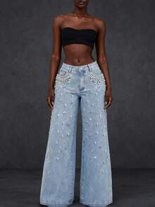 GLOURI Women's Beaded Straight Leg Jeans - High Waisted Rhinestone Embellished Denim Pants | Sparkly Festival & Nightclub Statement Bottoms For Wedding Guest And Evening Events - 淺藍色 - 查看 2