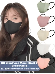 10/50/200片装夏季3D超薄口罩，男女通用，黑白两色，三层透气独立包装