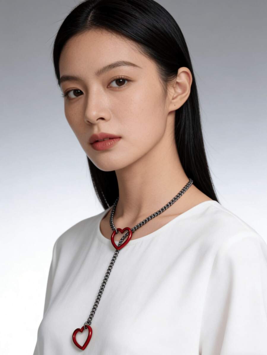 1pc Adjustable Y-Necklace With Gothic Style Curb Chain Heart Pendant, Suitable For Daily Wear - Love - View 1