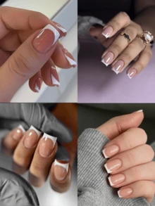 240片法式美甲贴纸，中号方形假指甲，棕色底白色法式美甲，可重复使用全覆盖假指甲，亮面法式美甲，适合女性和女孩日常佩戴的美甲用品 - 彩色 - 查看 2