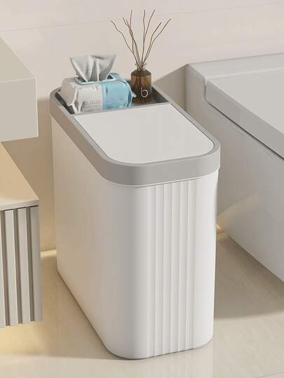 Papelera estrecha con tapa para baño, estilo de presión manual, adecuada para almacenar papel, diseño minimalista para decoración del hogar, cubo de basura compacto y ahorrador de espacio, elegante solución de almacenamiento y organización para el baño, contenedor sanitario moderno y elegante de acero inoxidable con control de olores