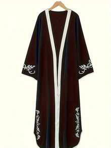 Floral Embroidered Tops Robe With Elegant Contrast Trim And Bell-Sleeved Loose Cape Black - Black - View 4
