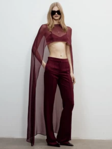 Women Sheer Long Cape Tops - Burdeos - Ver 2