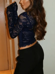 Women's Y2k Floral Lace Mesh Blouse Long Sleeve Square Neck Slim Fit Crop Tops Spring Summer  Casual T-Shirts Going Out Streetwear Party Tops - 藍色 - 查看 2