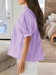 Women's Puff Sleeve V Neck Babydoll Blouse Pleated Peplum Hem Dressy Casual Loose Fit Shirt - 淺紫色 - 查看 3