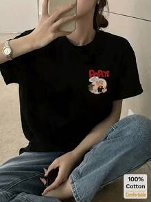 Cartoon Pattern Short Sleeve Mid-Length T-Shirt For Women, Fashionable Casual Top - Black - View 3