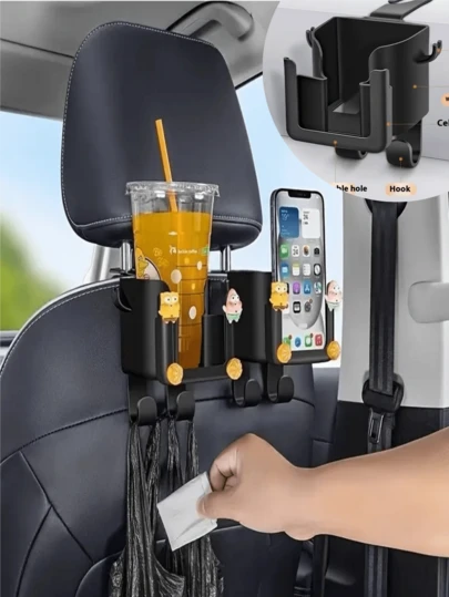 1 pieza Estante de almacenamiento multifuncional para respaldo de asiento de coche, con portavasos, soporte para teléfono y gancho - Adecuado para la mayoría de modelos, puede sostener botellas de agua, bolsas de té con leche, bolsas de basura y gafas, gancho para respaldo de asiento de coche, artículos interiores, portavasos para taza de agua, soporte para teléfono