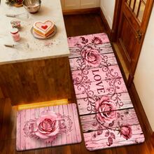 1/2/3pcs Valentine's Day Kitchen Rugs, Heart & Rose Pattern, Pink Wooden Grain Background, Polyester Material, Suitable For Kitchen, Bathroom, Entryway Decor, Kitchen Rug, Kitchen Mat, Doormat, Home Decor - Multicolor - View 5