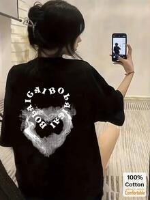 Kaos Lengan Pendek Sedang dengan Grafis Huruf, Atasan Kasual Modis untuk Wanita, Warna Hitam, Cocok untuk Musim Panas - Hitam - View 1