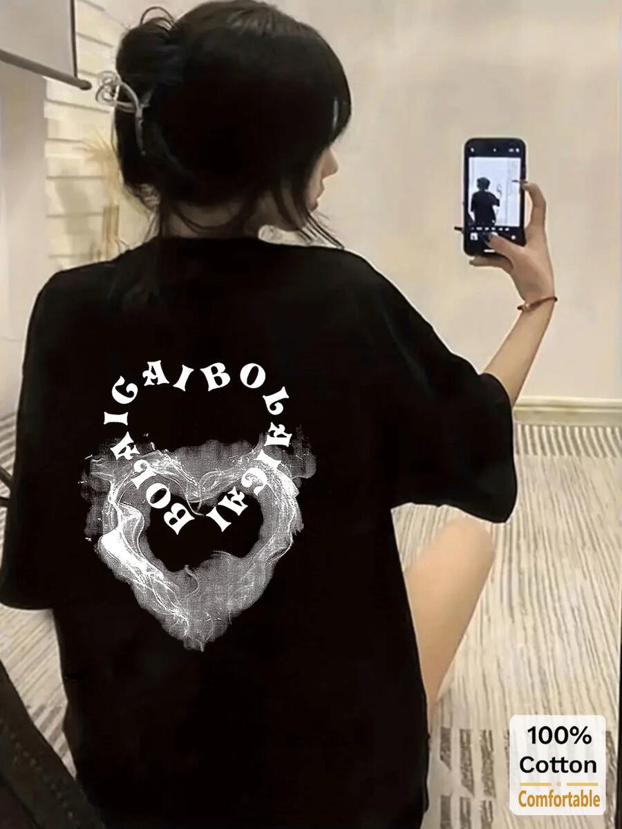 Kaos Lengan Pendek Sedang dengan Grafis Huruf, Atasan Kasual Modis untuk Wanita, Warna Hitam, Cocok untuk Musim Panas - Hitam - View 1
