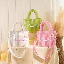 1pc Customized Embroidered Name Corduroy Crossbody Bag | Cute Small Square Bag For Women | Personalized Monogram Bag | Soft Corduroy Material, Retro Style, Lightweight & Versatile For School, Commute, Travel, Daily Use | INS Style | Birthday, Bestie, Girlfriend, Valentine's Day, Christmas, New Year Personalized Gift