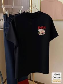 Cartoon Pattern Short Sleeve Mid-Length T-Shirt For Women, Fashionable Casual Top - Black - View 5