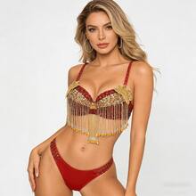 女士亮面肚皮舞文胸上衣，流苏文胸上衣，适合万圣节主题派对舞台表演 - 彩色 - 查看 2