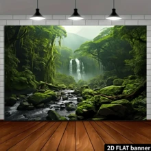 2D Flat Elegant Natural Landscape Background, Evergreen Forest, Jungle, Rocks, Flowing Stream, Rainforest Photography Backdrop, Birthday Party Event Photo Booth Studio Props, Party Supplies - Green - View 11
