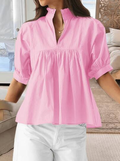 Women's Puff Sleeve V Neck Babydoll Blouse Pleated Peplum Hem Dressy Casual Loose Fit Shirt