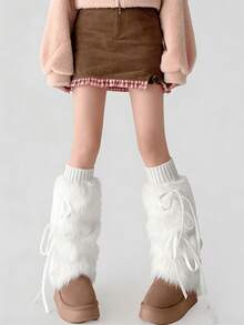 1 Pair Y2K Style Fuzzy Leg Warmers With Bow Tie Straps, In White/Khaki/Coffee, Suitable For Autumn/Winter (May Have Slight Shedding) - Multicolor - View 4