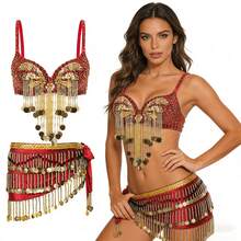 两件套肚皮舞服装，女士塑料珠饰流苏亮片胸衣上装和天鹅绒臀巾舞蹈服 - 彩色 - 查看 1