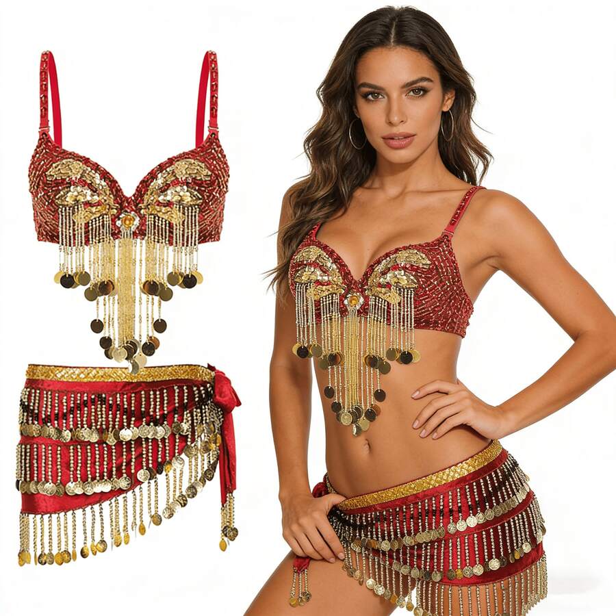 两件套肚皮舞服装，女士塑料珠饰流苏亮片胸衣上装和天鹅绒臀巾舞蹈服 - 彩色 - 查看 1