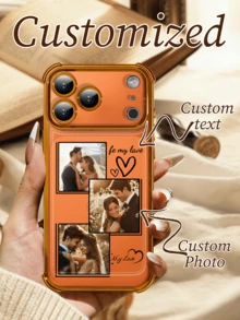 1pc Customized 3-Photo Name Text Anti-Drop Transparent Orange Full-Edge Lens Phone Case, Suitable For Models 17/Air/17pro/17promax/16/16pro/16plus/16promax/15/14/13/12/11, Great For Gifting - Orange - View 2
