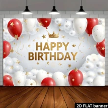 1 pieza de pancarta de cumpleaños feliz de oro vibrante en 2D plano - Telón de fondo de fotografía de poliéster con globos rojos y blancos y corona plateada, fondo de tela multiusos, adecuado para decoración de mesa de pastel, suministros para fiestas, celebraciones en general, vacaciones de primavera/verano, sin electricidad requerida - Blanco - Ver 9