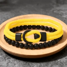 2pcs Men's Bracelet Set, Black Stone Elegant Men's Bracelet, Beaded Bracelet Strap With Powerful And Graceful Vibe, Suitable For Daily Stacking And Gift, Great For Friends - Two-piece Set Of Stones + Custom-made Buckle Bracelet - View 2