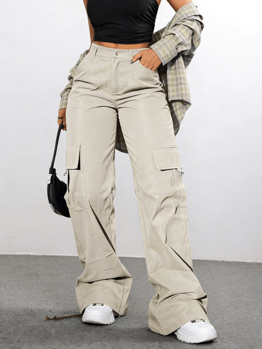 Women's Stylish And Chic Solid-Color Cargo Pants, Loose And Practical With Multiple Pockets, Sweet And Casual, Perfect For Street Style, Brunch, And Spring And Summer Outfits. - Apricot - View 1