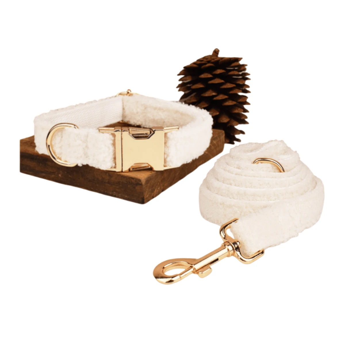 2pcs/Set INS Style White Plush Zinc Alloy Clasp Dog Collar & Leash Set, Thick Double-Layer Fabric, Adjustable Size, Suitable For Large/Medium/Small Pets, Soft & Comfortable, Durable Metal Clasp, Great Gift For Pets On New Year, Birthday - White - View 1