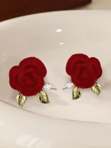 1 Pair Vintage Red Velvet Floral Faux Pearl Elegant Stud Earrings, Suitable For Formal Occasions Halloween Valentine's Day Valentines
