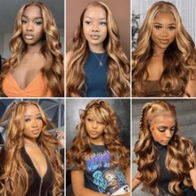 VIOLLY Ombre Highlight 180% Density Honey Gold 34Inch 13x6 Body Wave Lace Front Wigs Human Hair Blended Wig Pre Plucked Bady Hair Wig 13x4 Large Area HD Transparent Lace Frontal Brazilian Virgin Hair Wig For Women Halloween Season