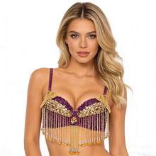 女士亮面肚皮舞文胸上衣，流苏文胸上衣，适合万圣节主题派对舞台表演 - 彩色 - 查看 6