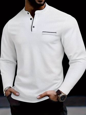 Herrtröja med långärmad henleyring i kontrastfärg, tröja med knappslå och utomhussporter